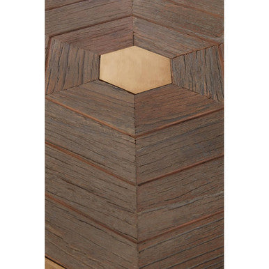 Gold and Natural Large Hexagon End Table with Grooved Elm Wood Top | Titan