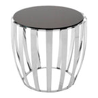Black Tempered Glass Top Side Table with Curving Silver Stainless Steel Frame | Yasmin