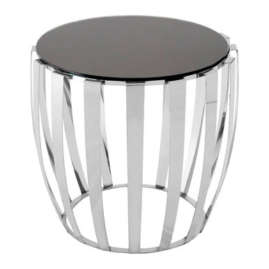 Black Tempered Glass Top Side Table with Curving Silver Stainless Steel Frame | Yasmin