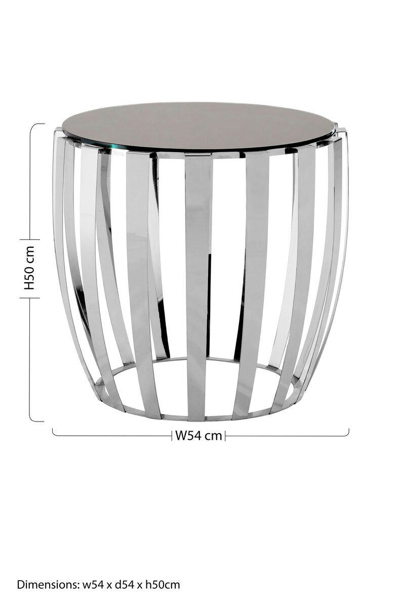 Black Tempered Glass Top Side Table with Curving Silver Stainless Steel Frame | Yasmin