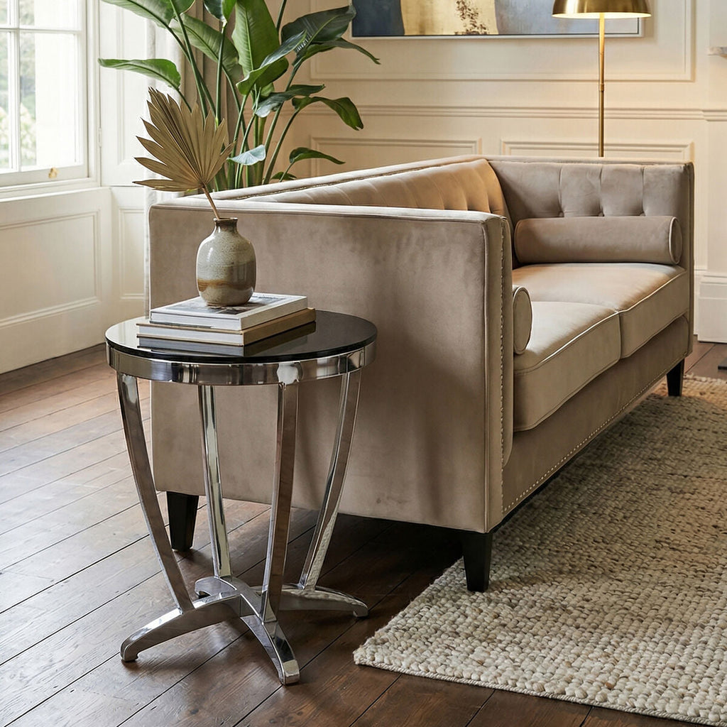 Black and Silver Contemporary Luxe Side Table with Tempered Glass Top | Yasmin