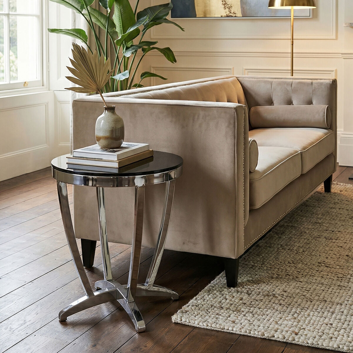 Black and Silver Contemporary Luxe Side Table with Tempered Glass Top | Yasmin