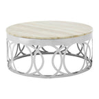 White Marble Top Coffee Table with Silver Stainless Steel Circular Base, Yasmin