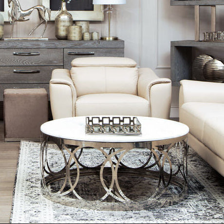 White Marble Top Coffee Table with Silver Stainless Steel Circular Base, Yasmin