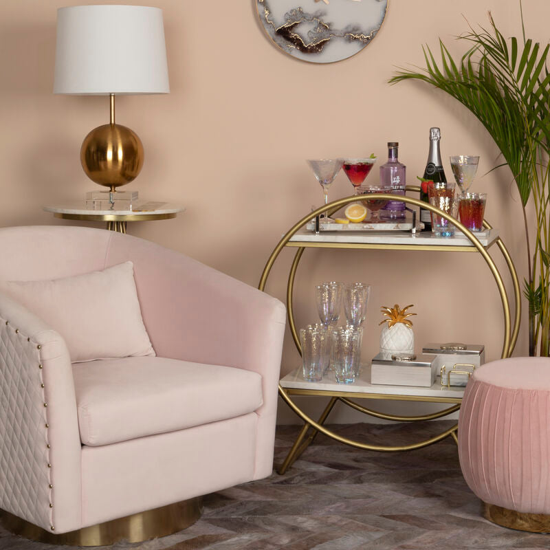 Pink Velvet Swivel Chair with Gold Base | Plazoni