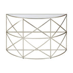 Silver Finish Iron Frame Demilune Console Table with Clear Glass Top | Rubia