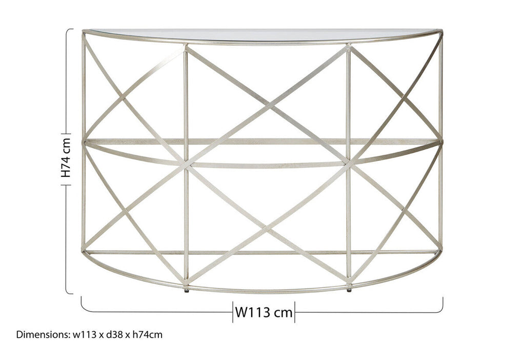 Silver Finish Iron Frame Demilune Console Table with Clear Glass Top | Rubia