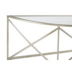 Silver Finish Iron Frame Demilune Console Table with Clear Glass Top | Rubia