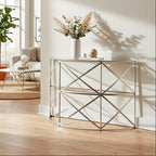 Silver Finish Iron Frame Demilune Console Table with Clear Glass Top | Rubia