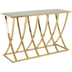 Gold Mirrored Top Console Table with Sweeping Stainless Steel Frame | Reena