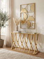 Gold Mirrored Top Console Table with Sweeping Stainless Steel Frame | Reena