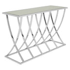 Silver Mirrored Top Console Table with Chrome Finish Sweeping Stainless Steel Frame, Reena