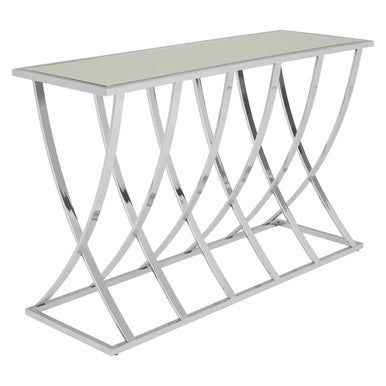 Silver Mirrored Top Console Table with Chrome Finish Sweeping Stainless Steel Frame, Reena