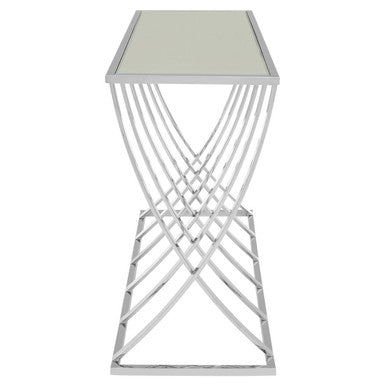 Silver Mirrored Top Console Table with Chrome Finish Sweeping Stainless Steel Frame, Reena