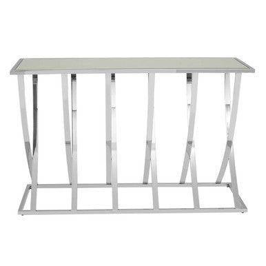 Silver Mirrored Top Console Table with Chrome Finish Sweeping Stainless Steel Frame, Reena