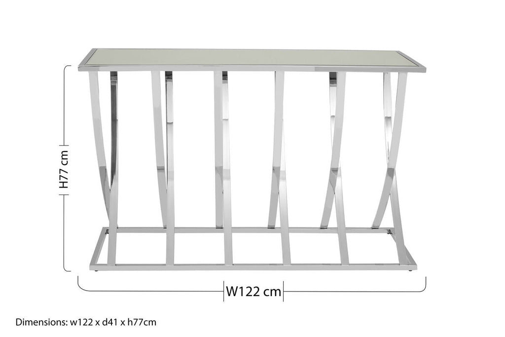 Silver Mirrored Top Console Table with Chrome Finish Sweeping Stainless Steel Frame, Reena