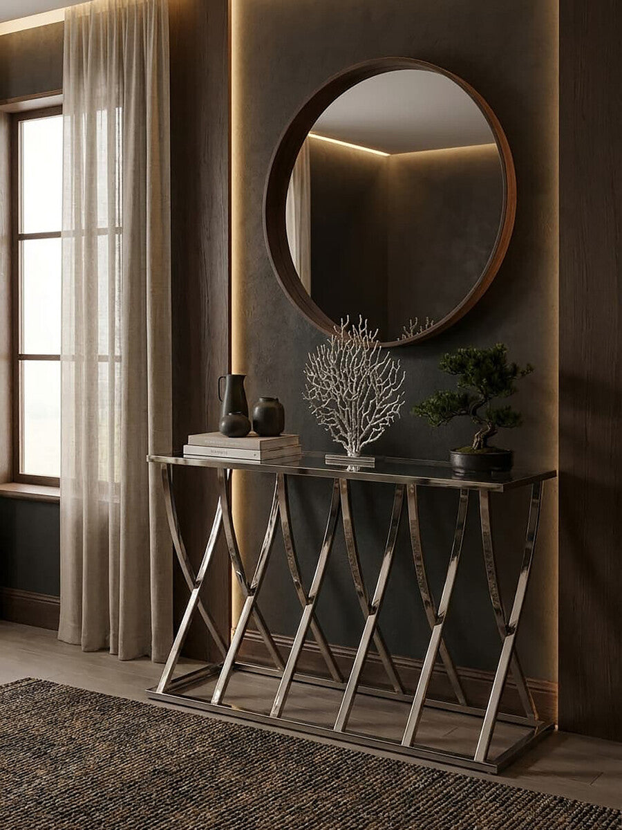 Silver Mirrored Top Console Table with Chrome Finish Sweeping Stainless Steel Frame, Reena