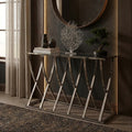 Silver Mirrored Top Console Table with Chrome Finish Sweeping Stainless Steel Frame, Reena