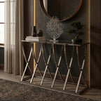 Silver Mirrored Top Console Table with Chrome Finish Sweeping Stainless Steel Frame, Reena