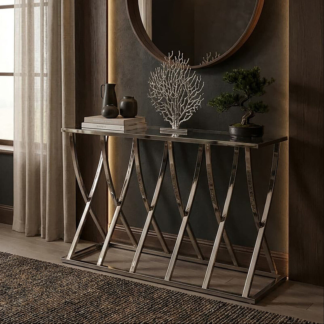 Silver Mirrored Top Console Table with Chrome Finish Sweeping Stainless Steel Frame, Reena