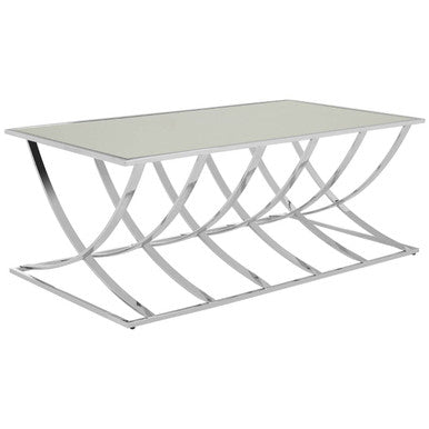 Silver Mirrored Top Coffee Table with Chrome Finish Sweeping Stainless Steel Frame, Reena