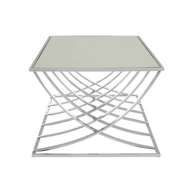 Silver Mirrored Top Coffee Table with Chrome Finish Sweeping Stainless Steel Frame, Reena
