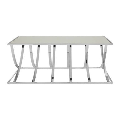 Silver Mirrored Top Coffee Table with Chrome Finish Sweeping Stainless Steel Frame, Reena