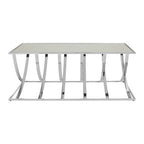 Silver Mirrored Top Coffee Table with Chrome Finish Sweeping Stainless Steel Frame, Reena