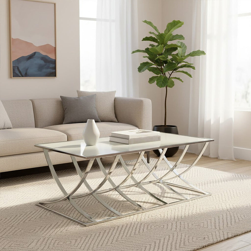 Silver Mirrored Top Coffee Table with Chrome Finish Sweeping Stainless Steel Frame, Reena