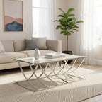 Silver Mirrored Top Coffee Table with Chrome Finish Sweeping Stainless Steel Frame, Reena