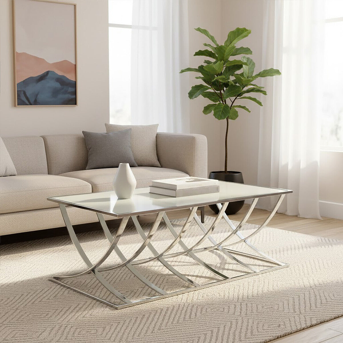 Silver Mirrored Top Coffee Table with Chrome Finish Sweeping Stainless Steel Frame, Reena