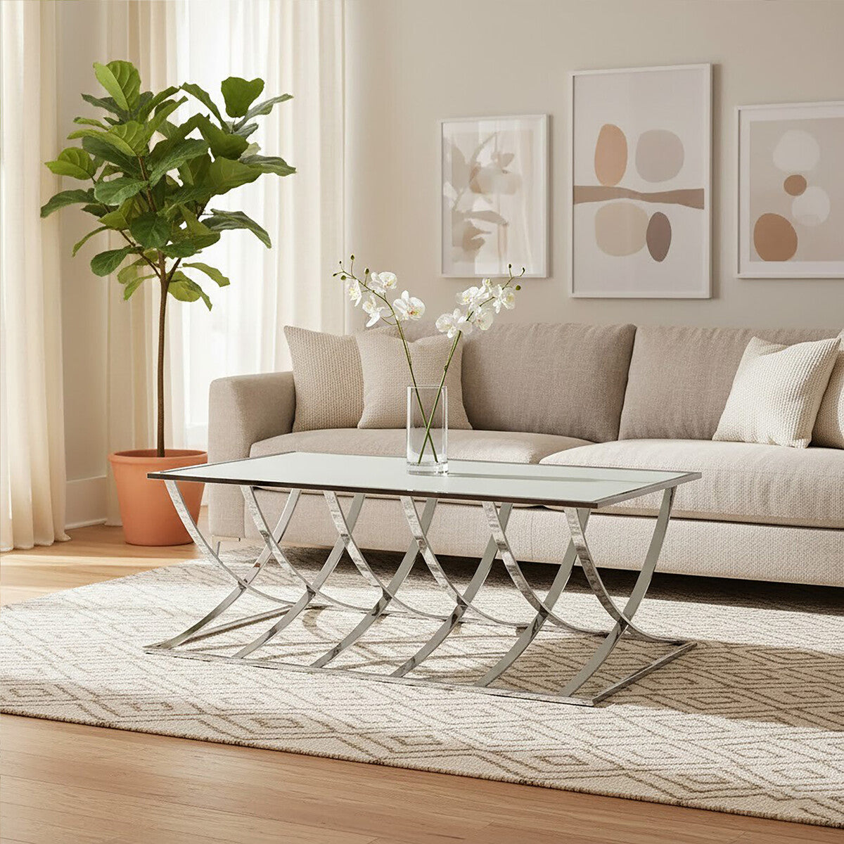 Silver Mirrored Top Coffee Table with Chrome Finish Sweeping Stainless Steel Frame, Reena