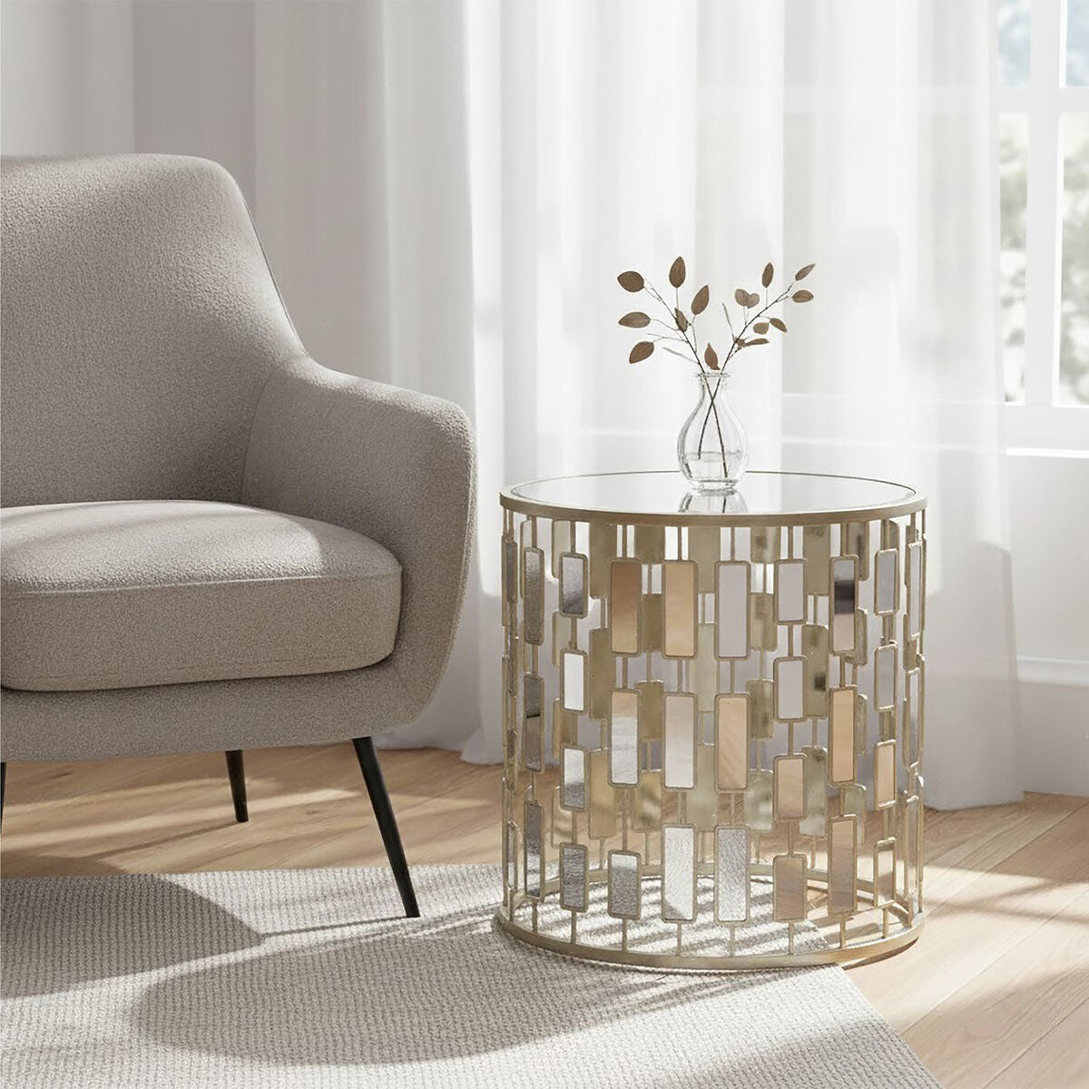 Silver Small Side Table with Mirrored Top | Raina