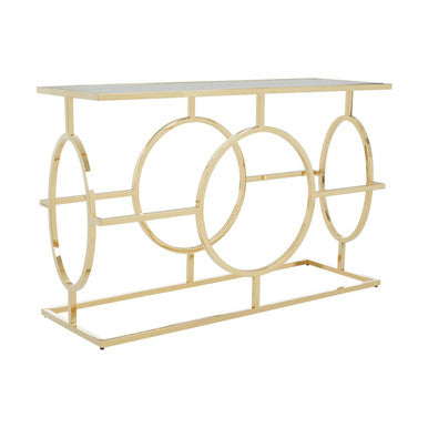 Gold Finish Stainless Steel Console Table with Tempered Glass Top, Roena