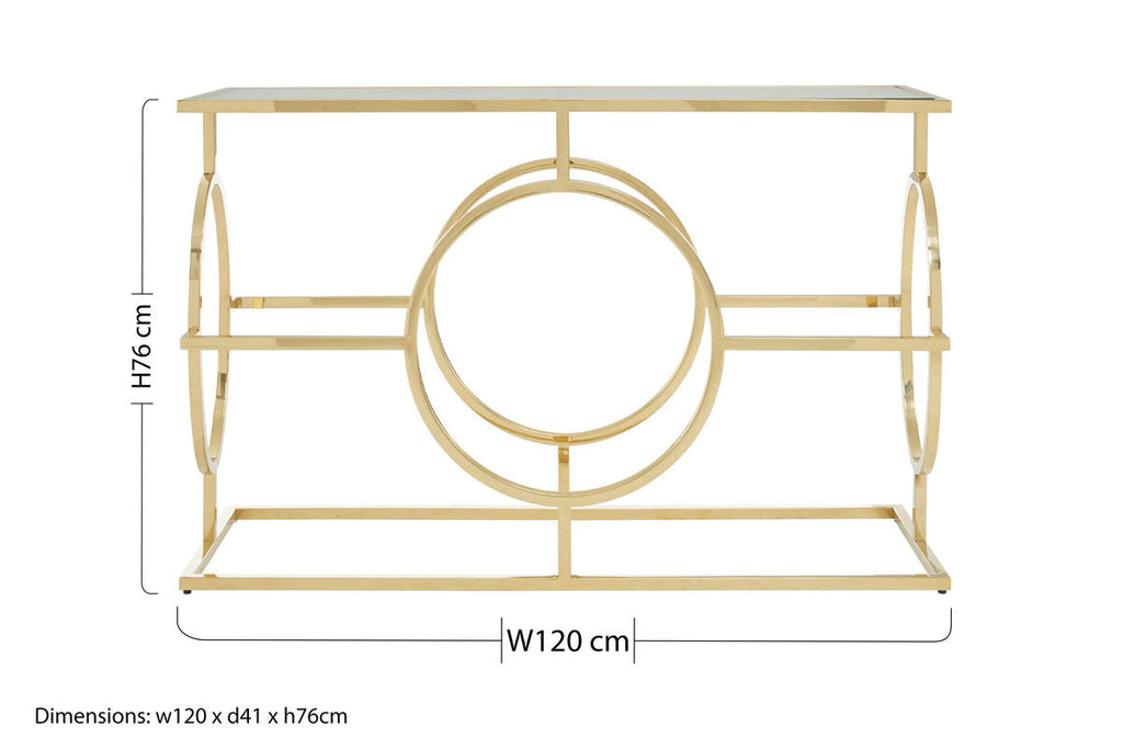 Gold Finish Stainless Steel Console Table with Tempered Glass Top, Roena