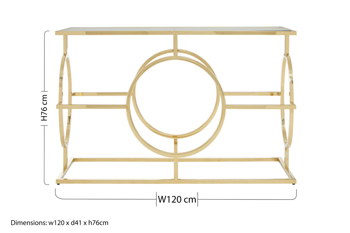 Gold Finish Stainless Steel Console Table with Tempered Glass Top, Roena