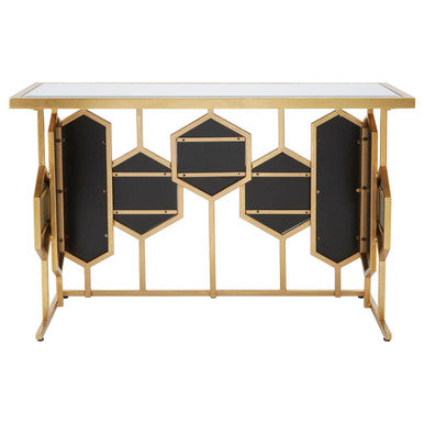 Gold Finish Iron Frame Console Table with Rectangular Mirrored Top, Rio