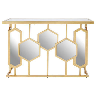 Gold Finish Iron Frame Console Table with Rectangular Mirrored Top, Rio