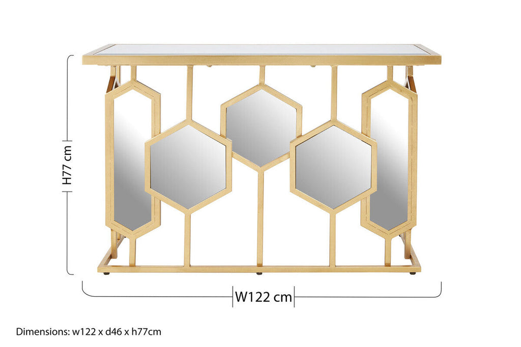Gold Finish Iron Frame Console Table with Rectangular Mirrored Top, Rio