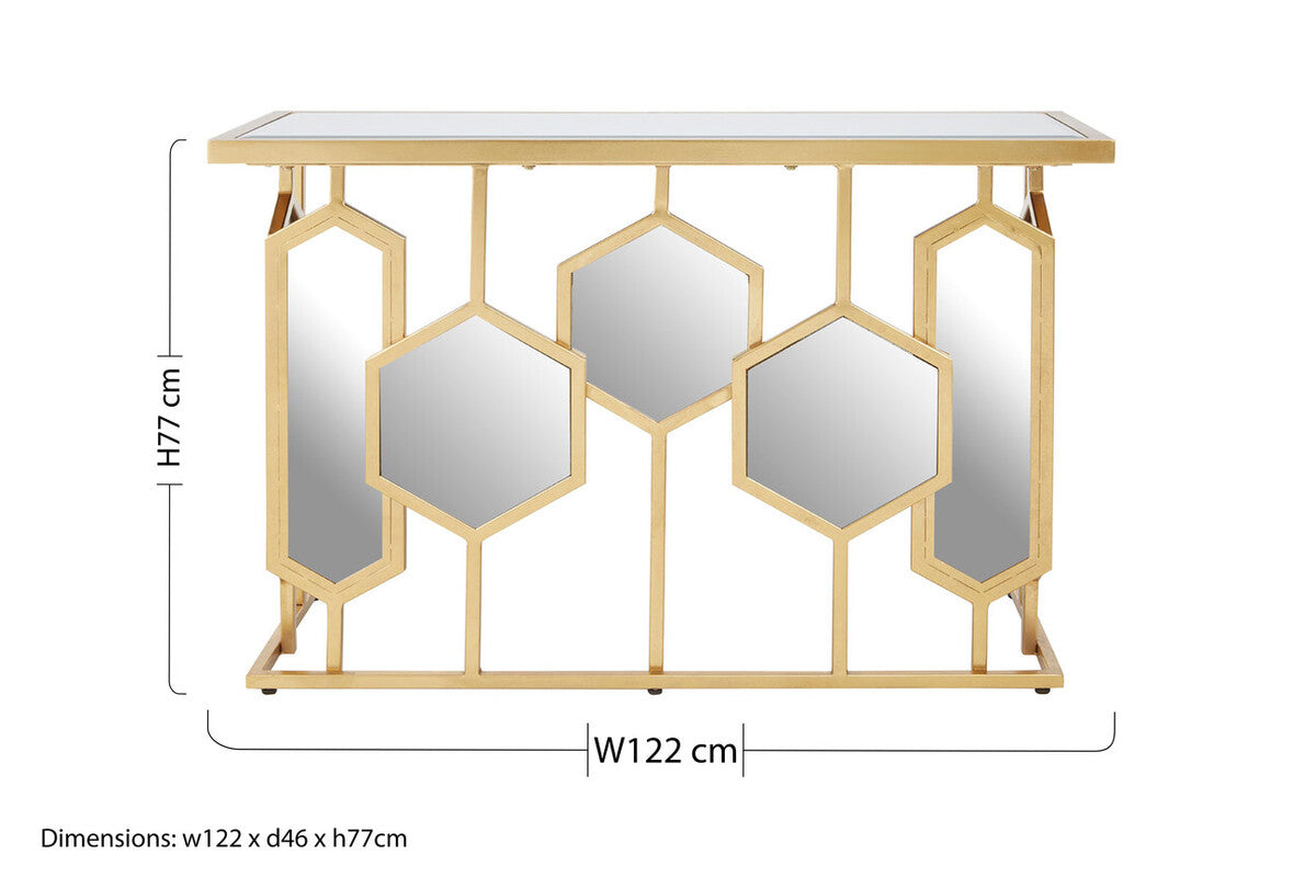 Gold Finish Iron Frame Console Table with Rectangular Mirrored Top, Rio
