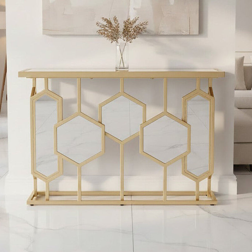 Gold Finish Iron Frame Console Table with Rectangular Mirrored Top, Rio