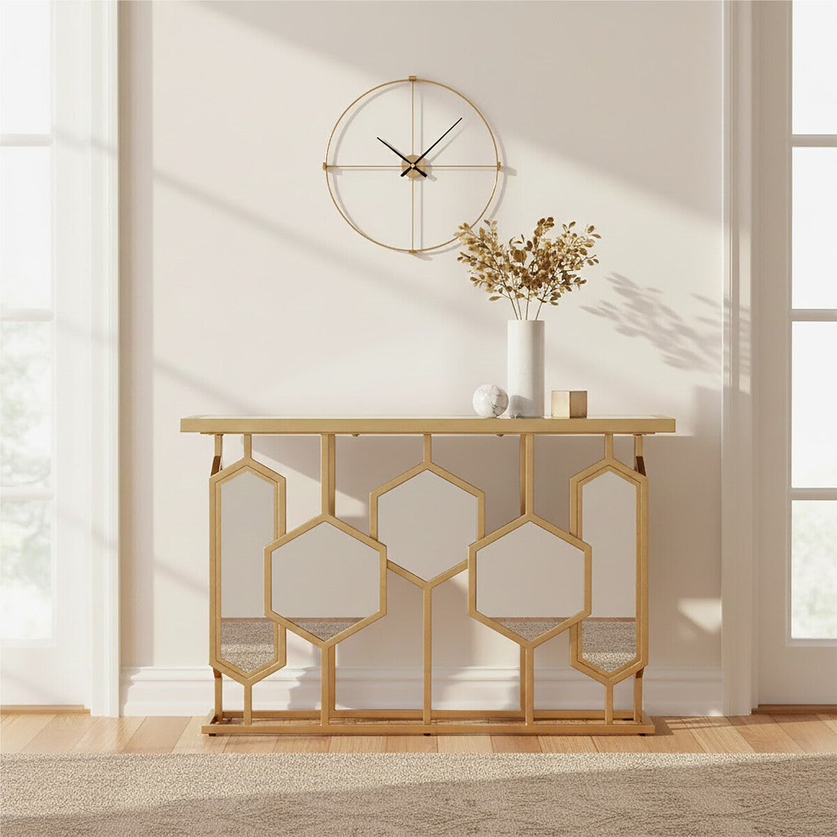 Gold Finish Iron Frame Console Table with Rectangular Mirrored Top, Rio