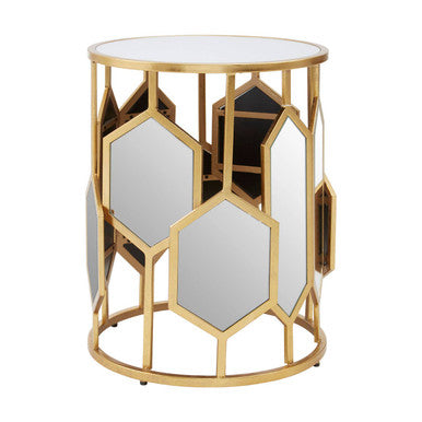 Gold Finish Iron Frame Side Table with Round Mirrored Top, Rio