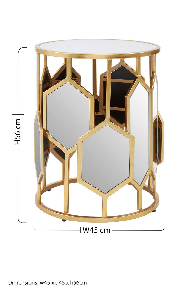 Gold Finish Iron Frame Side Table with Round Mirrored Top, Rio