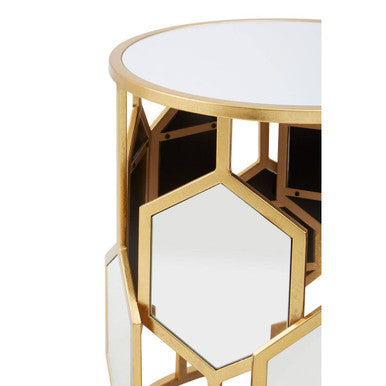 Gold Finish Iron Frame Side Table with Round Mirrored Top, Rio