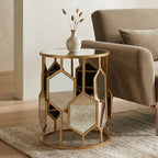 Gold Finish Iron Frame Side Table with Round Mirrored Top, Rio
