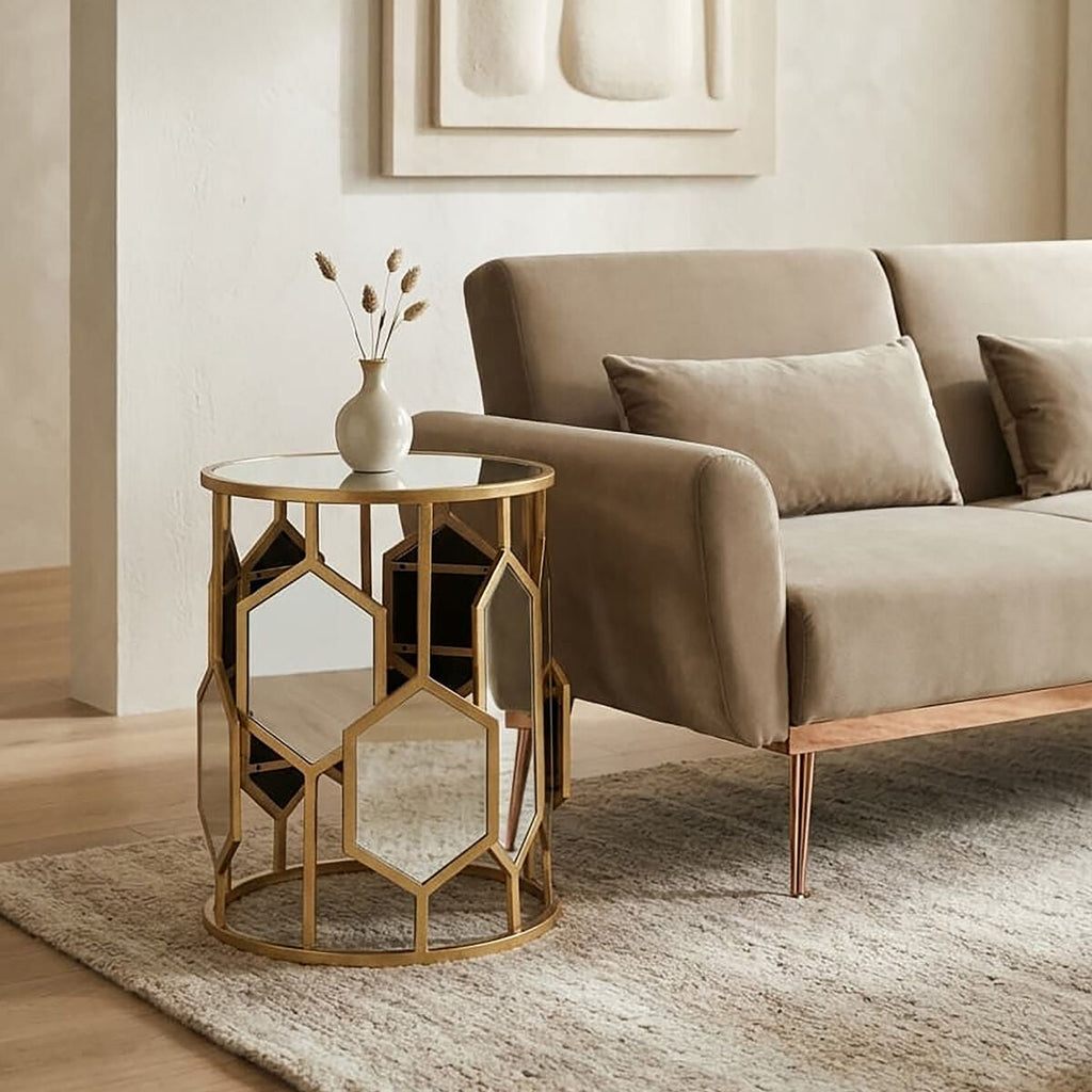 Gold Finish Iron Frame Side Table with Round Mirrored Top, Rio