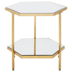 Gold Finish 2-Tier Side Table with Hexagonal Mirrored Glass Shelves | Rio