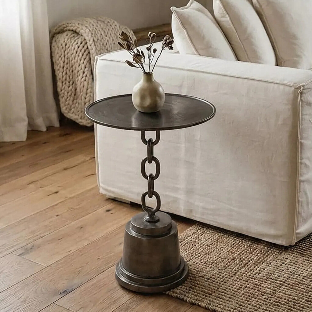 Black Nickel Aluminium Side Table with Chain Design and Tiered Pedestal Base, Zane