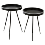 Black and Silver Set of 2 Side Tables with Raised Rim Tops and Silver Leg Tips | Halle